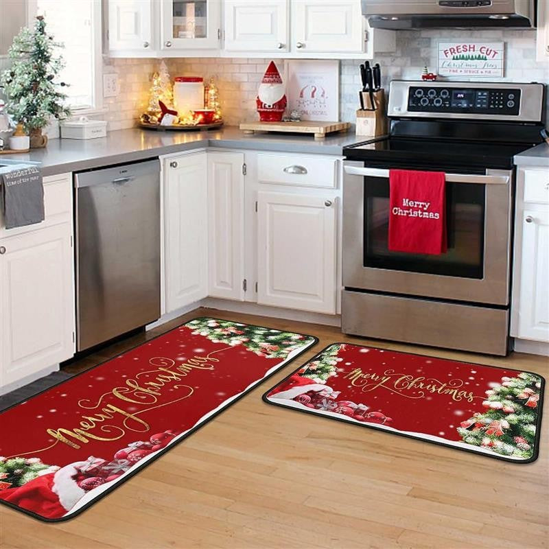 VIKAMA Christmas Eve Kitchen Snowflake Printed Floor Mat Anti-Slip Long Strip Set for Home Entry Area Household Decorative Rug
