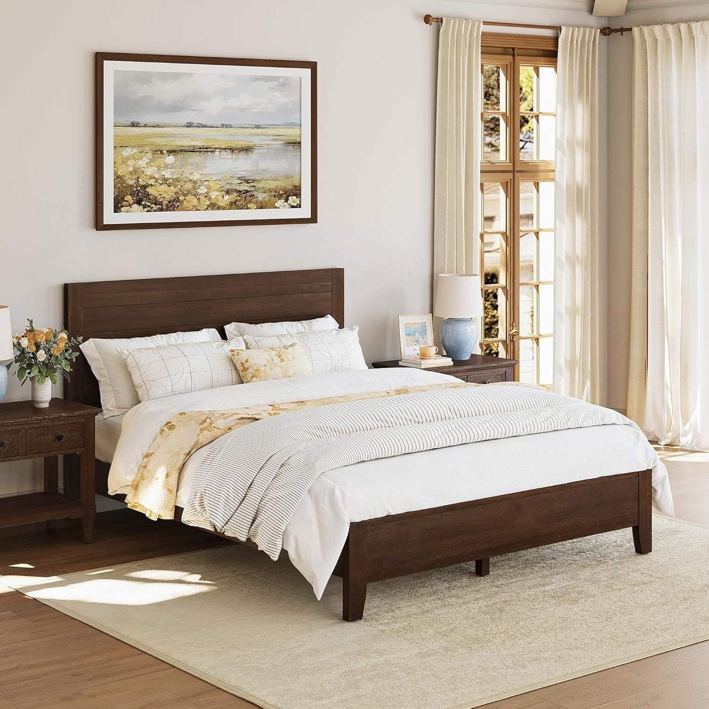 Estrutura de Cama Queen Size, Plataforma de Madeira Acácia com Cabeceira, Não Precisa de Box Spring, Capacidade 360 kg, Antiderrapante Sem Ruído,