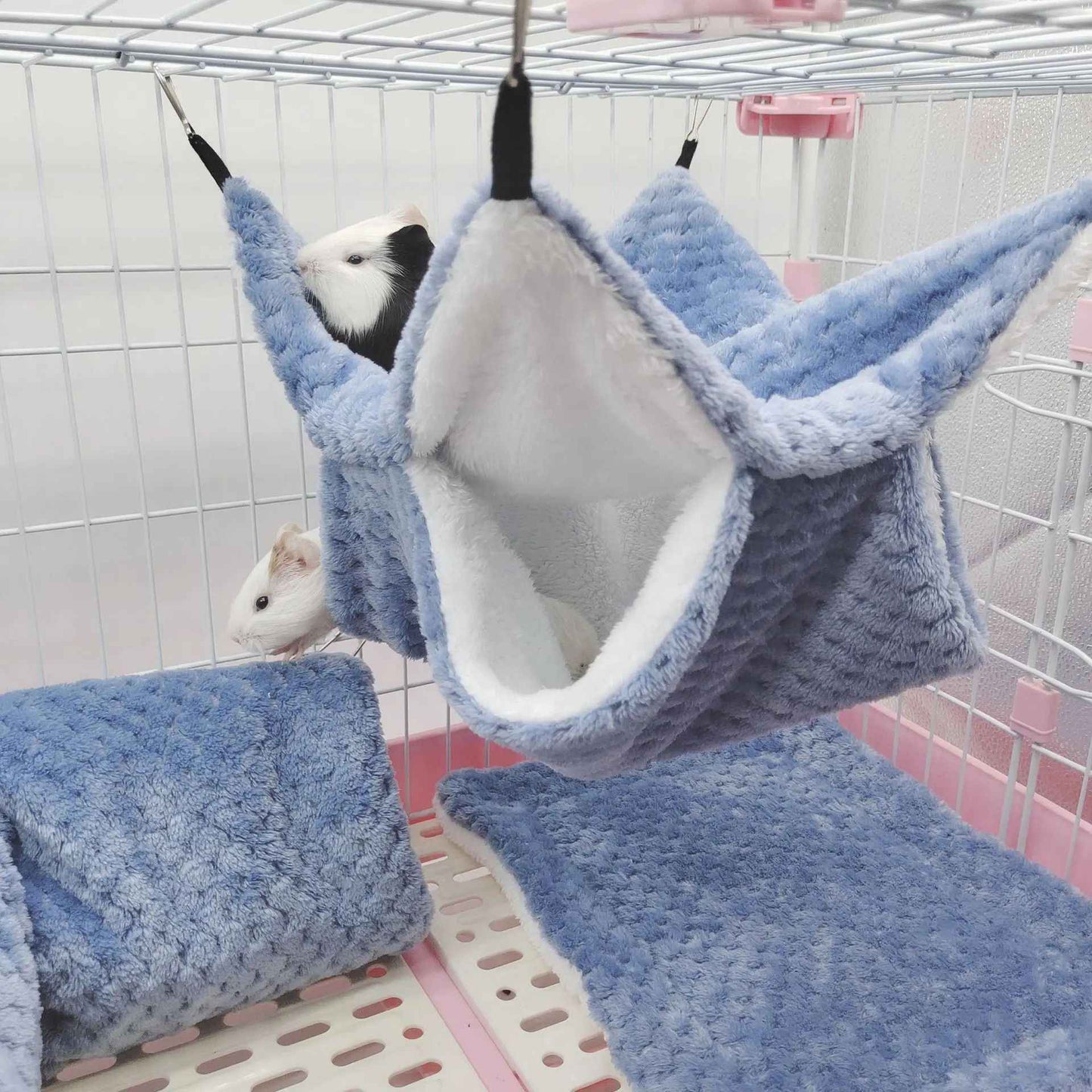 Rede de estimação quente de inverno, rede de hamster de pelúcia espessa de camada dupla, chinchila, porquinho da índia, furão, saco de dormir, gaiola suspensa de hamster