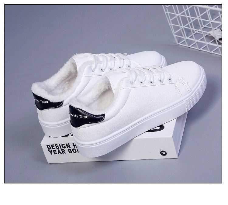 Tênis Feminino de Inverno, Quente, Pelúcia, Sola Vulcanizada, Plataforma, Algodão, Cadarço, Branco, Com Pelúcia, Casual