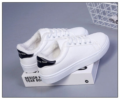 Tênis Feminino de Inverno, Quente, Pelúcia, Sola Vulcanizada, Plataforma, Algodão, Cadarço, Branco, Com Pelúcia, Casual