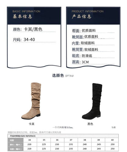 Pleated Boots Women Faux Suede Flock Knee High Boots 2024 Winter Women Fashion Slip on Square Low Heel Knight Booties Mujer 202
