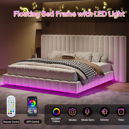 Cama Queen com Luzes de LED e Cabeceira Estofada Grande, Plataforma Moderna de Veludo com Design Flutuante, Não Precisa de Box