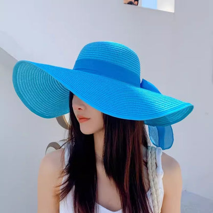 Chapéu de sol de palha feminino, estilo coreano, aba grande, à prova de sol, chapéu de férias dobrável, para praia e ar livre.  ????  ??