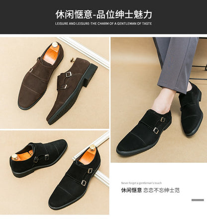 New Brown Loafers Flock Double Buckle Monk Shoes Black Square Toe Slip-On Business Men Dress Shoes Size 38-46 Free Shipping