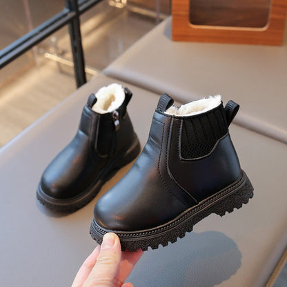 21-30 Kids Ankle Boots for Little Boys Girls Thermal Snow Boots Fashion PU Leather Children Short Rubber Boots with Thick Plush