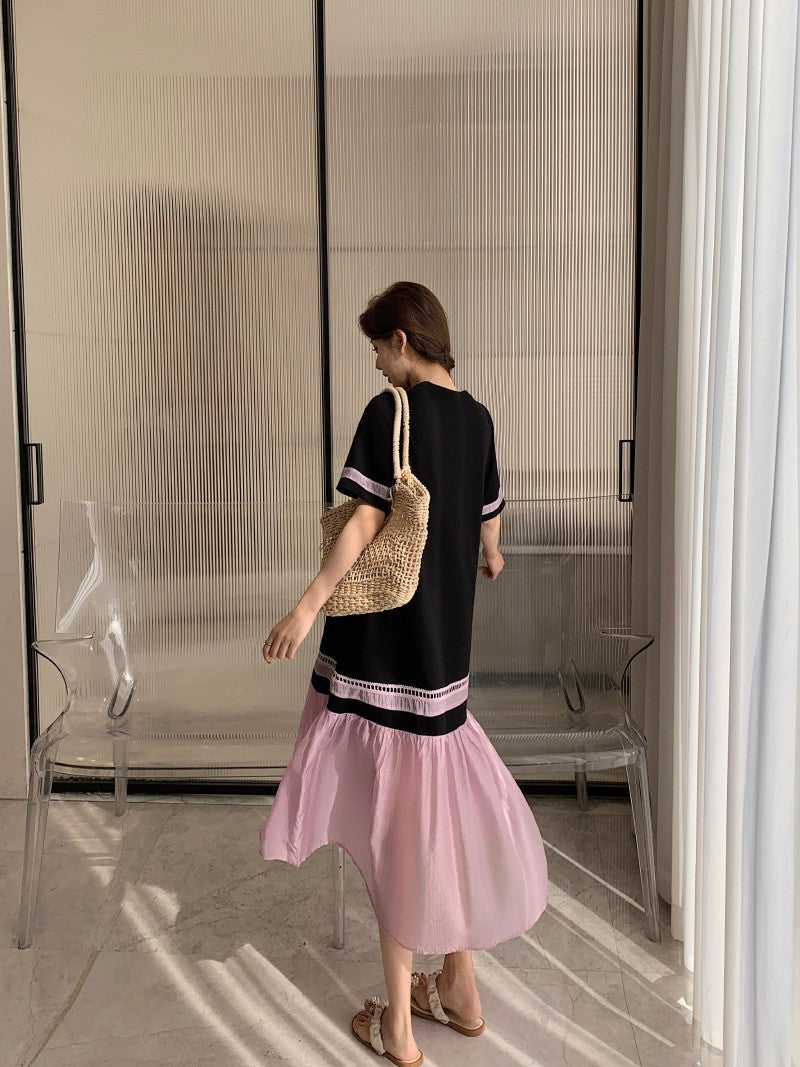 NYFS 2025 Summer Dress Loose plus Size Black Patchwork Pink Hem Long Dresses Robe Elbise Short Sleeve Korean Style Woman Dress