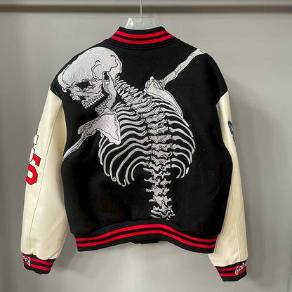 Real Photo GOD SPEED Baseball Jacket American Vintage Patchwork Leather Sleeves Unisex Embroidery Skeleton Jacket Coats