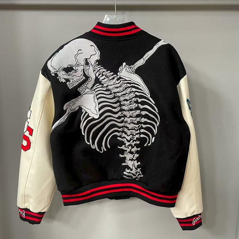 Real Photo GOD SPEED Baseball Jacket American Vintage Patchwork Leather Sleeves Unisex Embroidery Skeleton Jacket Coats