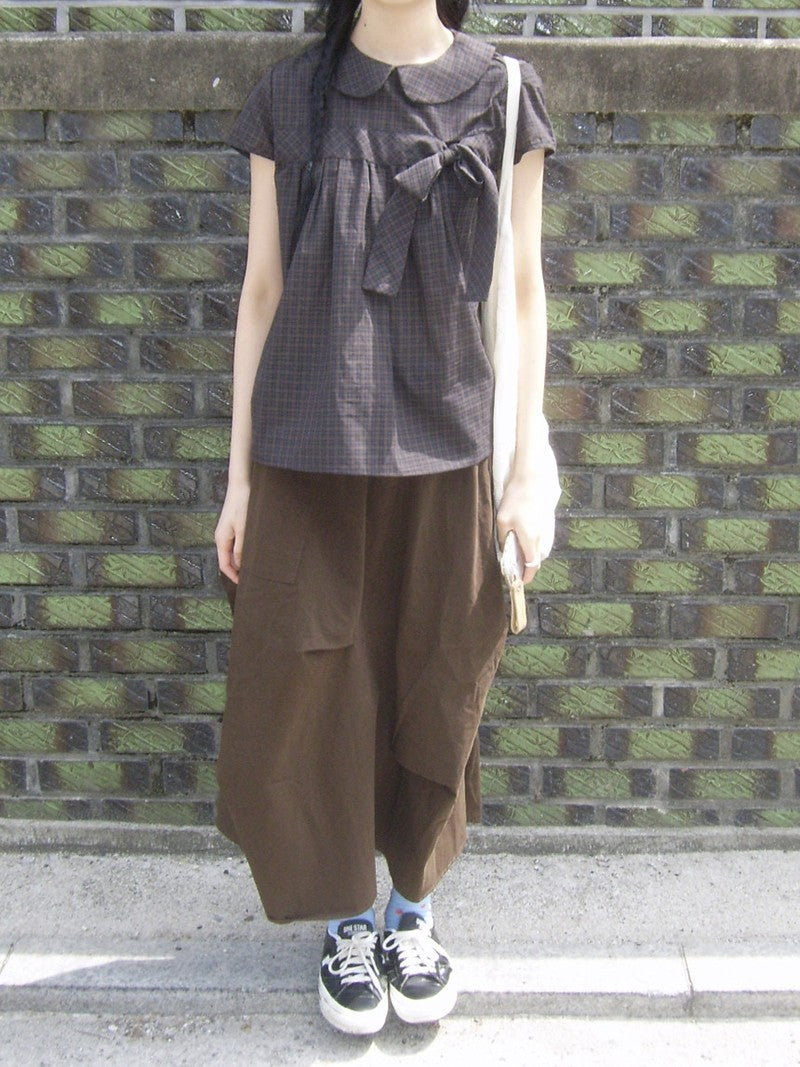 Vintage Plaid Shirts Women Japanese Harajuku Bow Peter Pan Collar Blouses Summer Korean Aesthetic Short Sleeve Casual Tops New