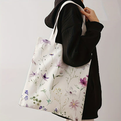 Floral Letter Pattern Printed Tote Bag Fashionable Reusable Shoulder Bag Polyester Handbag Lightweight Casual Shopper Bag