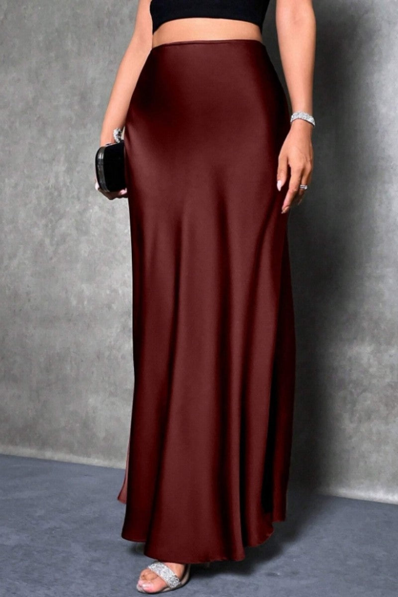 Elegant silk-like satin A-line midi skirt with high waist and mermaid tail for women in spring and summer