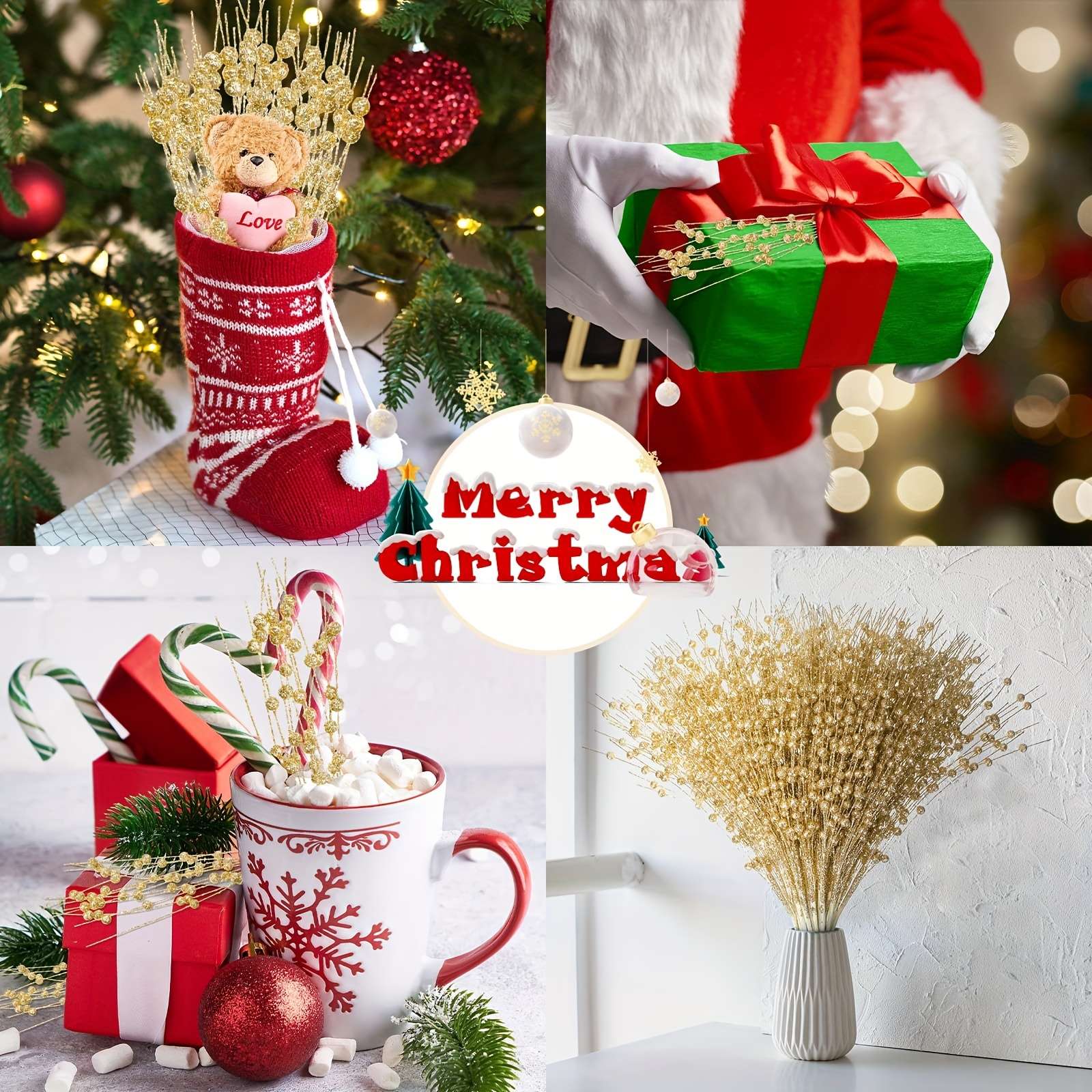 6pcs Christmas Decoration Pistachio Wedding Gift Gold Powder Berries Christmas Tree Handmade DIY Sequin Gold Powder Ball Bunch