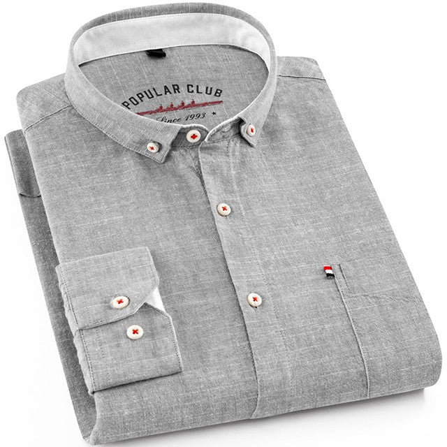 Men‘s Solid Button-Down Collar Dress Shirt - Breathable Cotton-Linen Blend - Long Sleeve, Slim-fit - Spring Summer Casual Chic