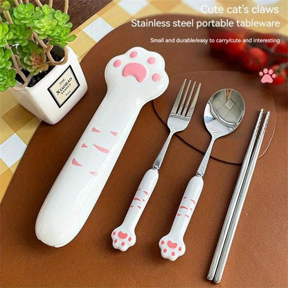 Conjunto de Talheres de Pata de Gato Fofo Garfo e Colher de Aço Inoxidável com Caixa de Armazenamento Louça Talheres Talheres Portáteis para Almoço