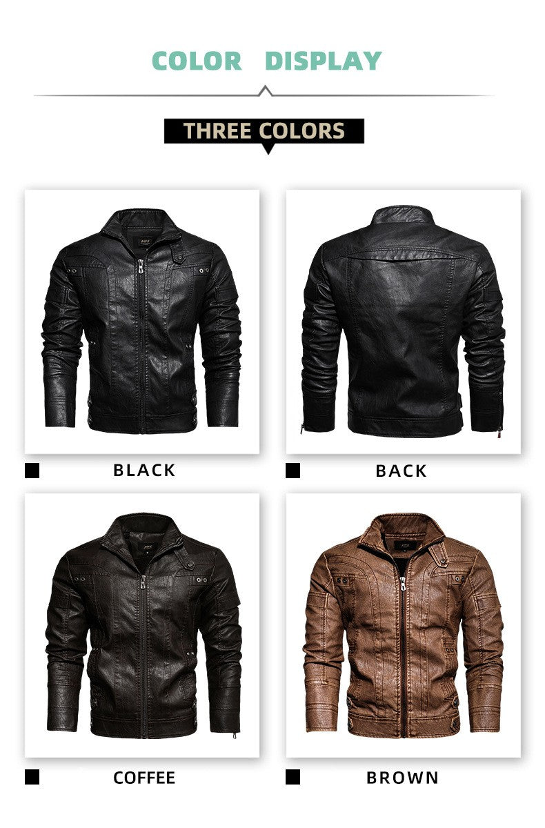 Autumn Winter New Fashion Men's Solid Color Simple Basic Casual Trendy Stand Collar Zipper Faux Leather Coats Male Jackets Tops