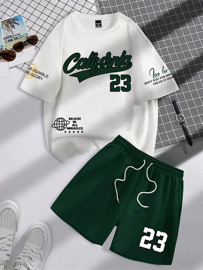 2025 summer new trend men's suit round neck short sleeve set fashion personalized alphanumeric print round neck T-shirt and shor