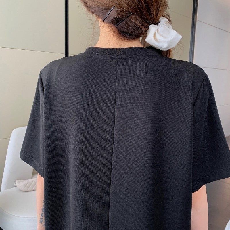 NYFS 2025 Summer Dress Loose plus Size Black Patchwork Pink Hem Long Dresses Robe Elbise Short Sleeve Korean Style Woman Dress