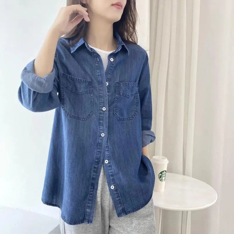 Autumn 2025 New Denim Shirts And Blouse For Women Korean Style Long Sleeve Top Blue Or Sky Blue Color Jeans Elegant Blouses