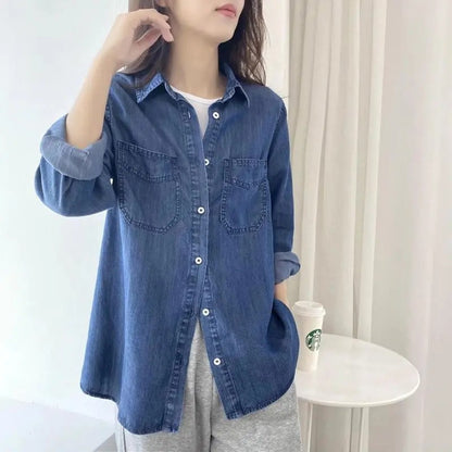 Autumn 2025 New Denim Shirts And Blouse For Women Korean Style Long Sleeve Top Blue Or Sky Blue Color Jeans Elegant Blouses