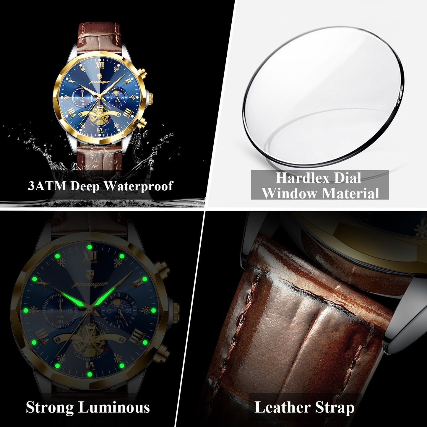 POEDAGAR Relógio de Pulso Militar de Luxo Masculino Quartzo Impermeável Luminoso Cronógrafo Couro Masculino Relógio Esportivo Masculino Relógio Masculino