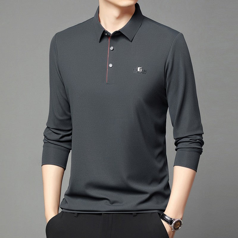 New Men's Business Casual Long Sleeved Shirt with Badge Solid Color Polo Shirt Fashionable Breathable Comfortable Versatile Top