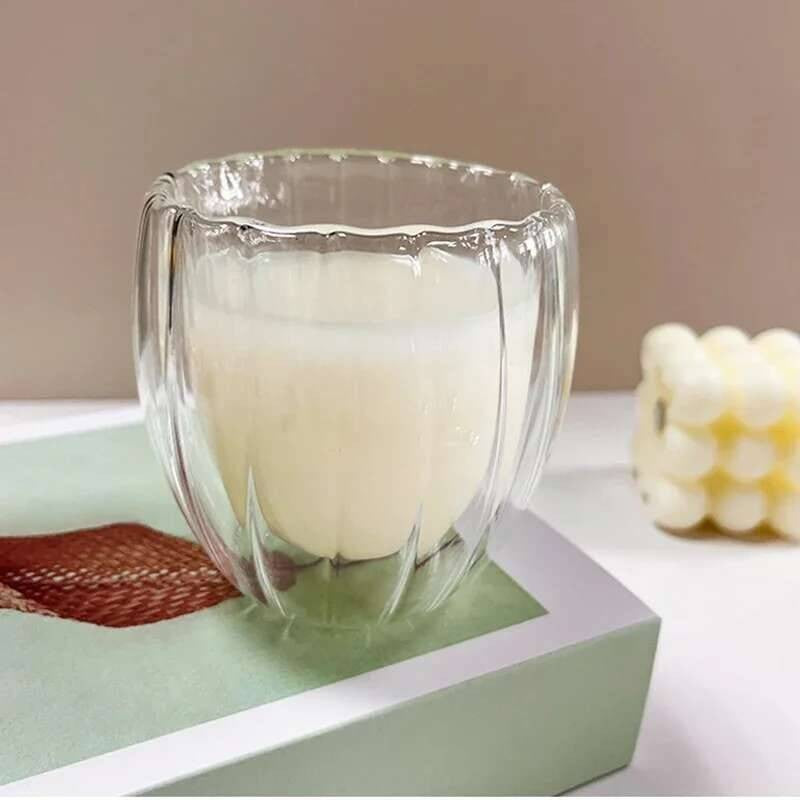 Lançamento 2025: Copo de Vidro Ondulado com Parede Dupla 350/450ml para Café, Chá, Leite, Suco, Cerveja e Água - Resistente ao Calor