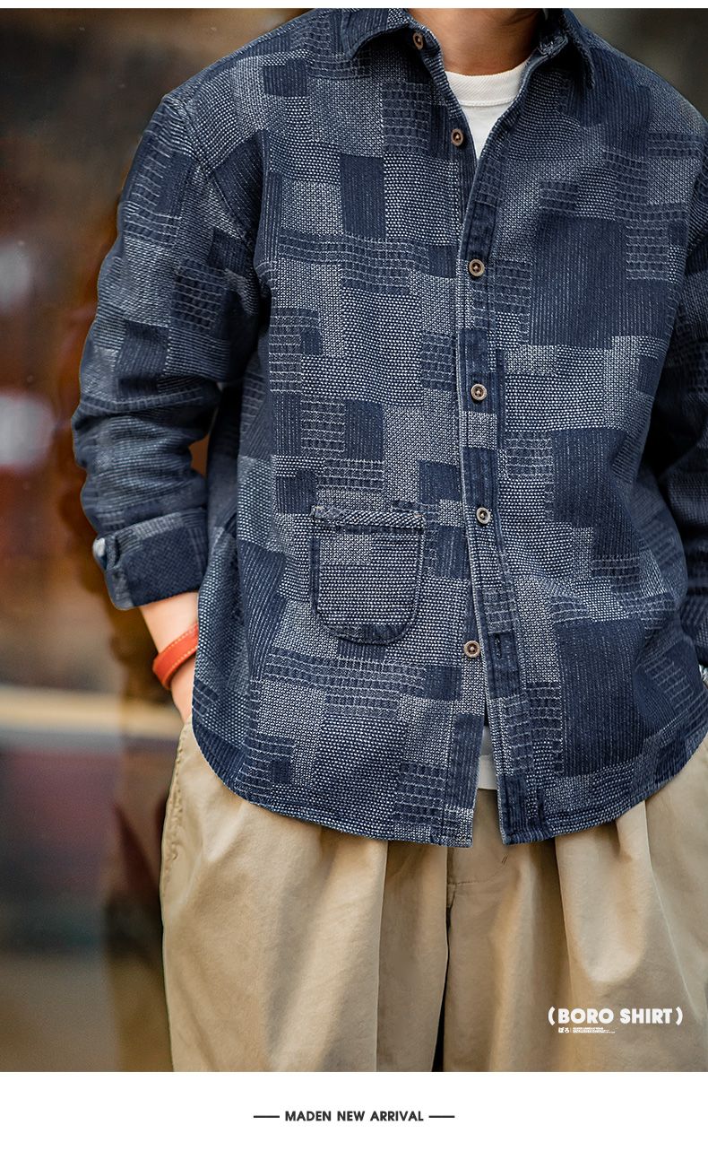 Maden Japanese Retro Boro Denim Shirts for Men Jacquard Patchwork Long-Sleeve Button Down Shirt Jacket Oversize Spring Outerwear