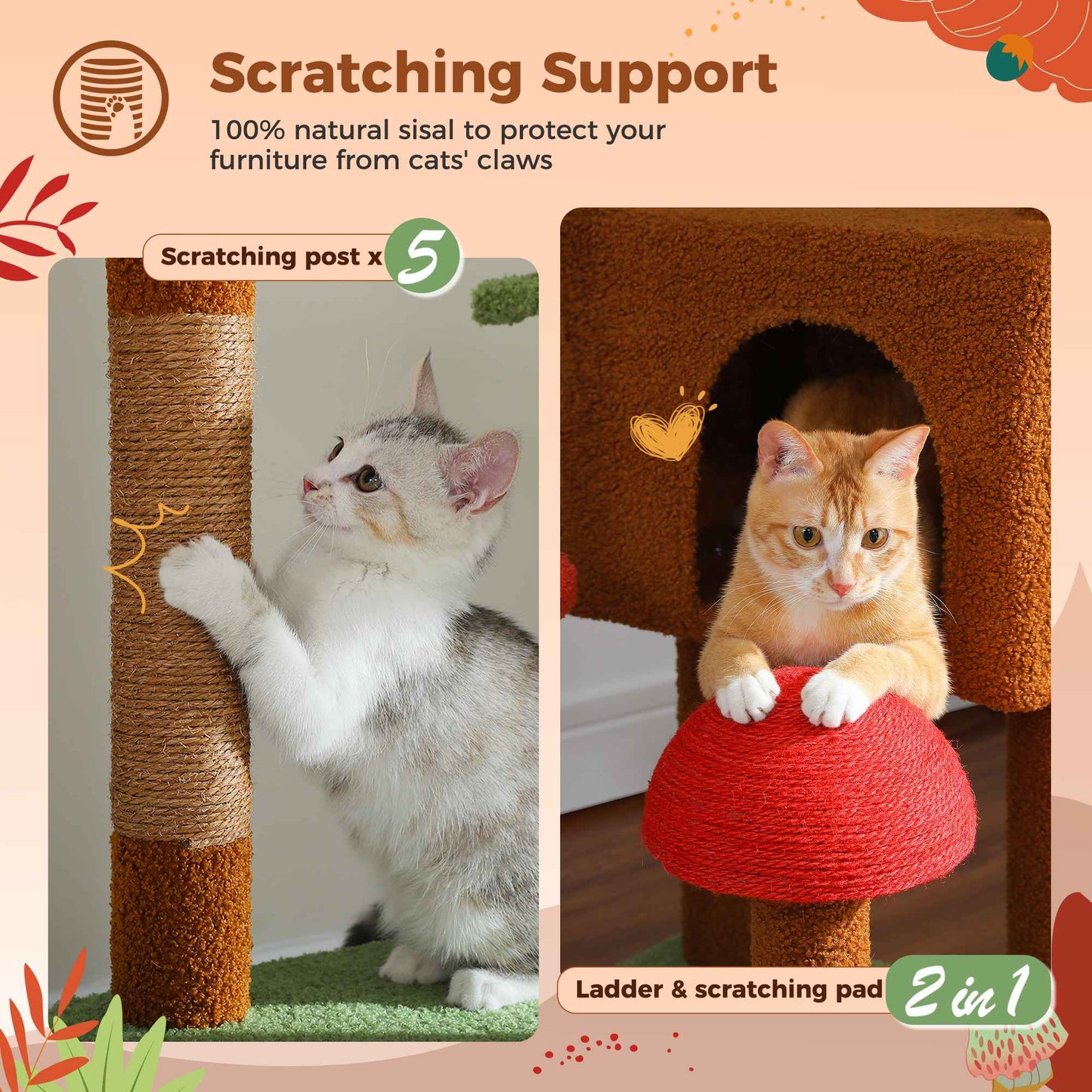 Árvore de Gato do Chão ao Teto Torre para Gatos de Altura Ajustável com Condomínio de Gato Rede Aconchegante e Arranhador Árvore de Atividades Alta Marrom