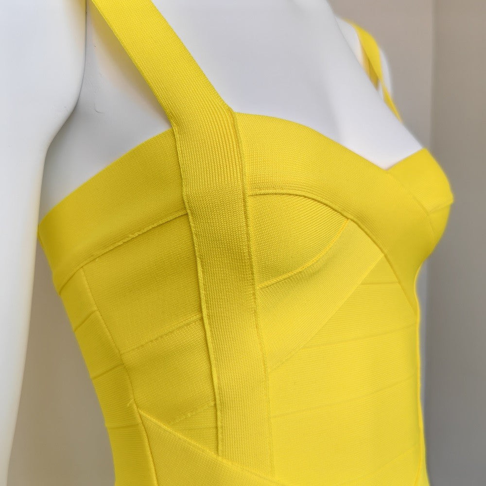 BEAUKEY Sexy Vintage Quality Evening Yellow Bandage Dress 2023 Women Summer Blue