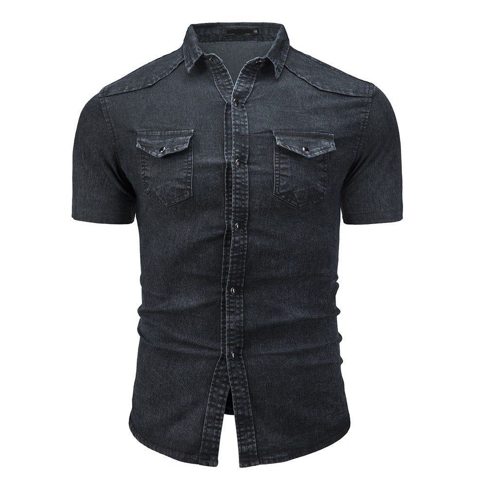 New Men's Fashion Short Sleeve Denim Shirt Soft Solid Color Slim Fit Cowboy Top for Men