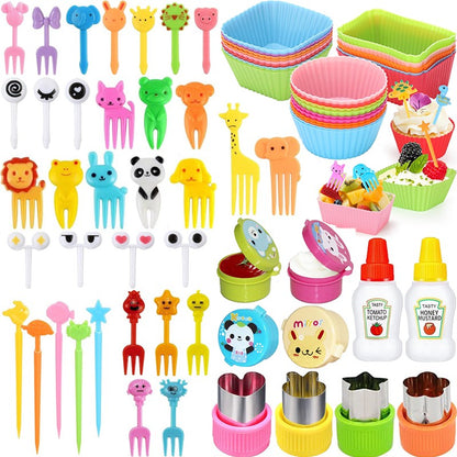 Mini Garfos de Fruta para Crianças Animais Fofos Palitos para Lanches com Cortador de Vegetais Conjunto de Divisórias de Silicone para Lancheira