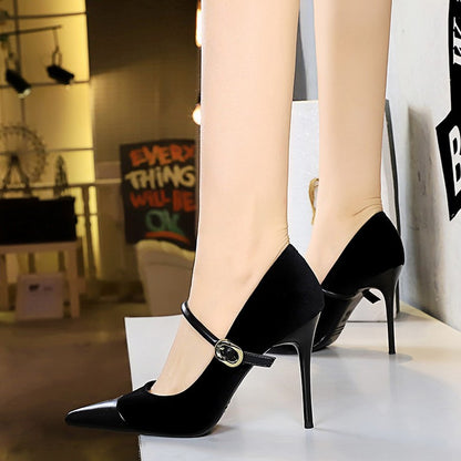 Korean Version Party 10cm 7cm High Heels Women Shoes Thin Heels Velvet Shallow Montage Pointed Toe Metal One-line Buckle Pumps