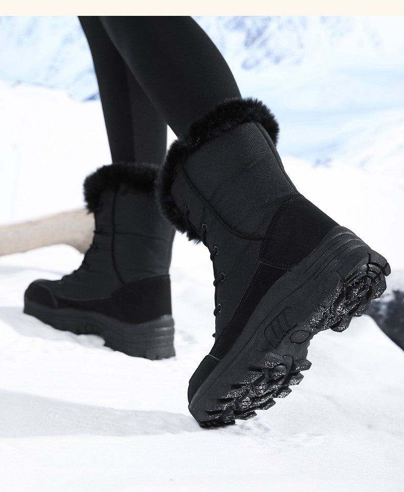 2025 Women's Snow Boots Beige Lace-up Waterproof Antiskid Female New Ankle Boots Walking Shoes plush Winter Warm Mid-Calf Boots