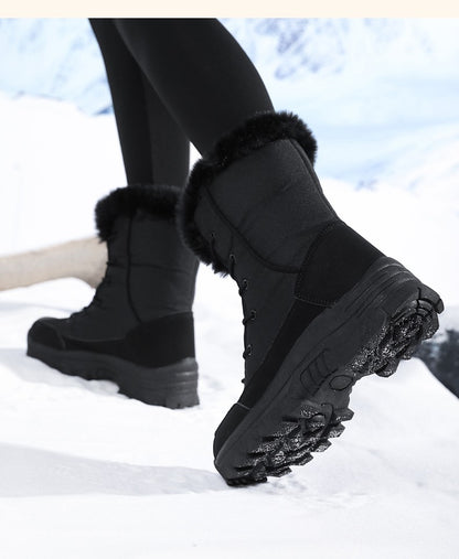 2025 Women's Snow Boots Beige Lace-up Waterproof Antiskid Female New Ankle Boots Walking Shoes plush Winter Warm Mid-Calf Boots