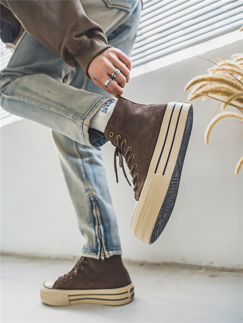 Novos Sapatos Masculinos de Cano Alto com Sola Plana, Botas de Trabalho Casuais para Exteriores com Sola Grossa, Sapatos Masculinos para Caminhada, Tênis de Lona de Cano Alto para Casais