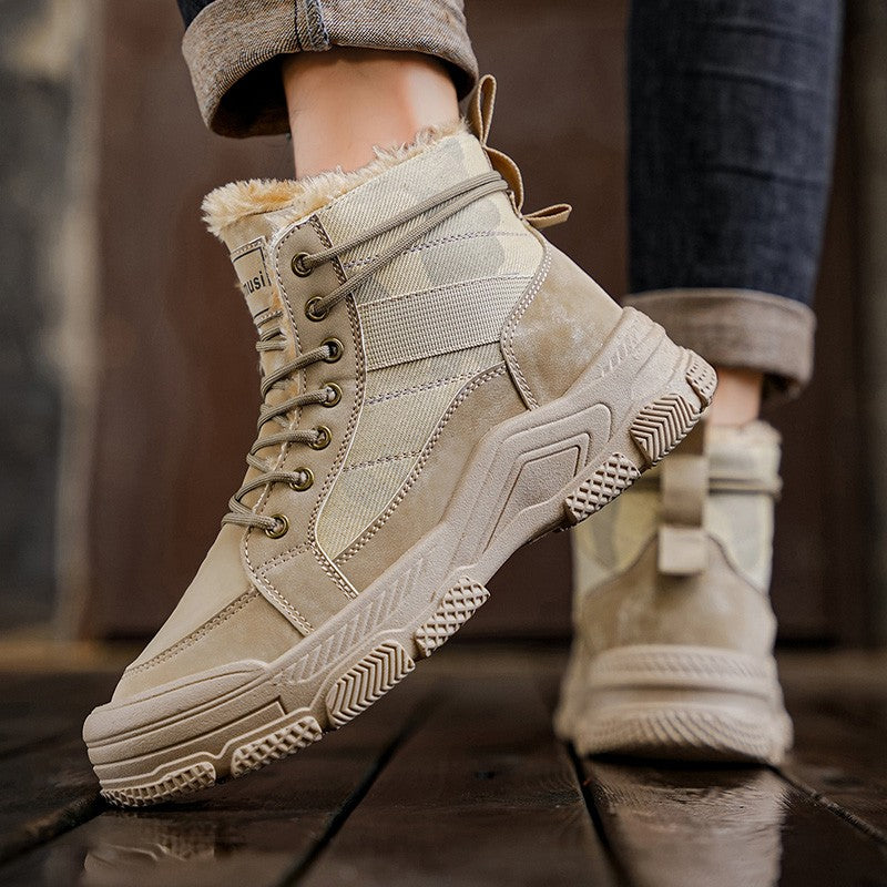 Winter Fleece Warm High-top Men's Shoes Trendy Casual Outdoor Solid Color Mid-top Fashionable Round Toe Plus-size Snow Boots