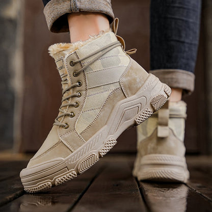 Winter Fleece Warm High-top Men's Shoes Trendy Casual Outdoor Solid Color Mid-top Fashionable Round Toe Plus-size Snow Boots