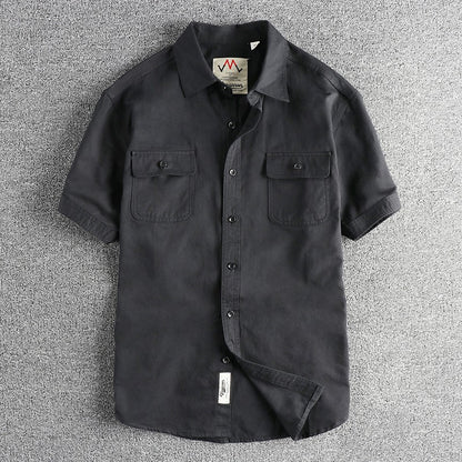 2024 Summer New American Retro Short Sleeve Lapel Cargo Shirt Men's Simple 100% Cotton Washed Double Pockets Casual Blouses