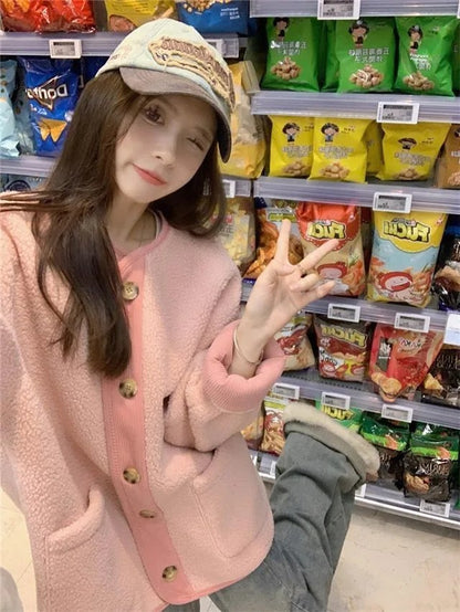 2024 Winter New Women's Lamb Wool Jacket Petite Loose-Fit Thickened Integrated Deer Skin Fleece Medium-Length Korean Style