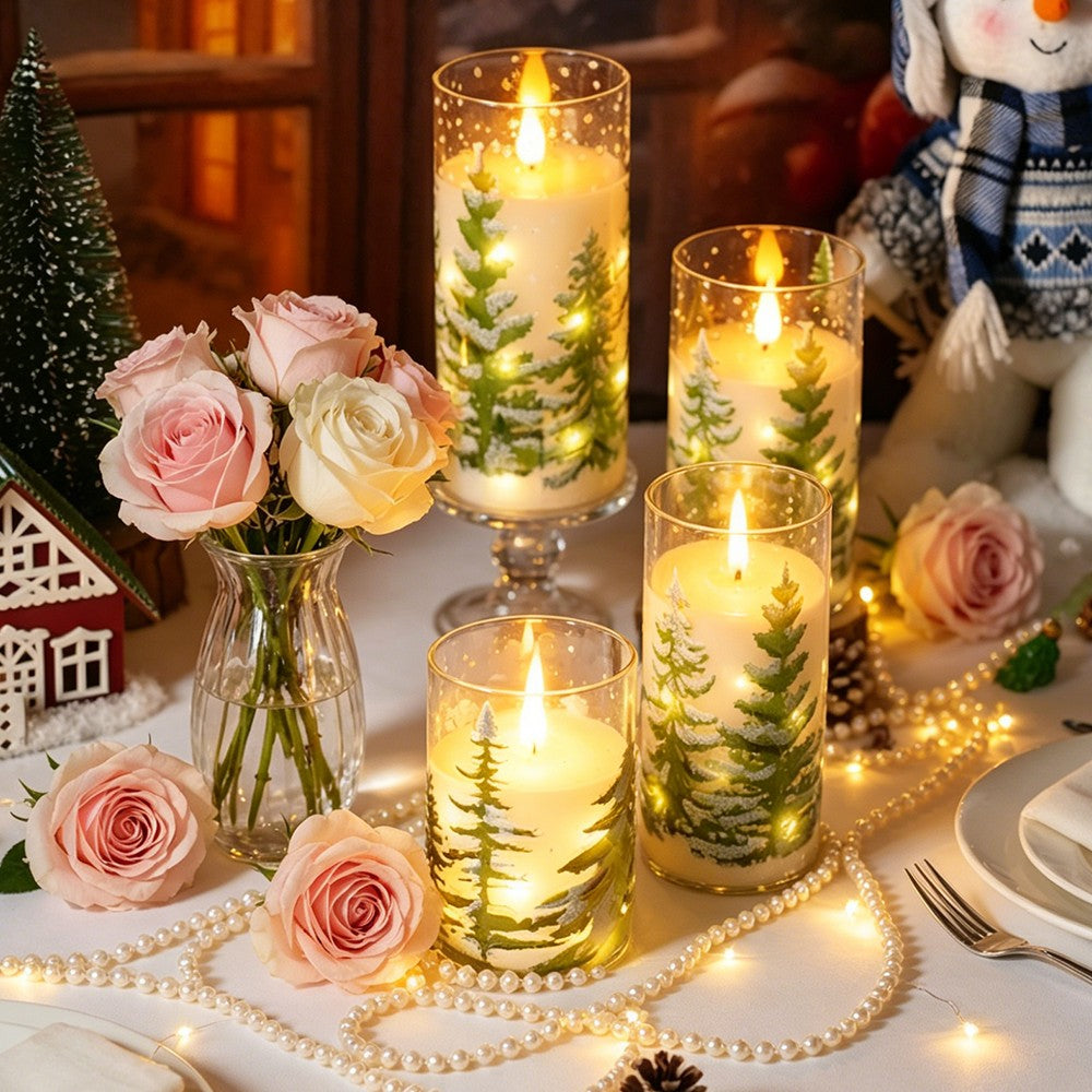 3in Glass Paraffin Built In String Light Print LED Flameless Candle 2AA Battery Remote Control Christmas Candle Decor Lighting