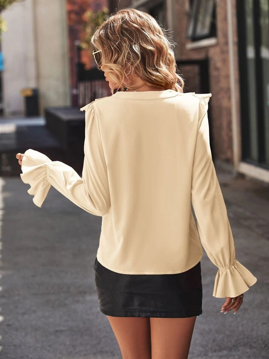Spring Autumn Fashionable Shirts Solid Color Casual Loose Commuting Style Tops Long Sleeves Ruffled V-neck Bell Sleeves Clothes