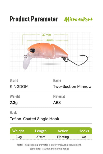 Isca Artificial Kingdom Micro Expert para Pesca 2.3g 37mm Minnow Articulado Flutuante Isca Rígida Swimbait Crankbait de Superfície Isca para Truta