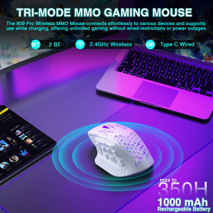 Mouse Gamer Sem Fio SOLAKAKA SM809 Pro MMO PAW3311 16 Botões Laterais 24000 DPI RGB Colmeia Macro Programável Mouse sem fio
