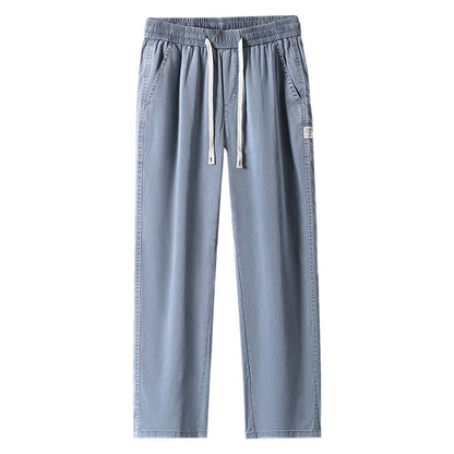 Calça Masculina de Verão Leve Fina Solta Reta Perna Larga Popular com Cordão na Cintura Elástica Coreana Tecido Lyocell Calças Folgadas
