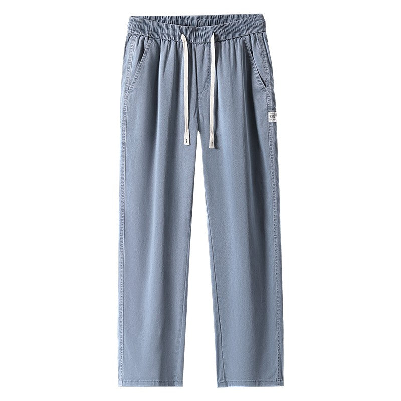 Calça Masculina de Verão Leve Fina Solta Reta Perna Larga Popular com Cordão na Cintura Elástica Coreana Tecido Lyocell Calças Folgadas