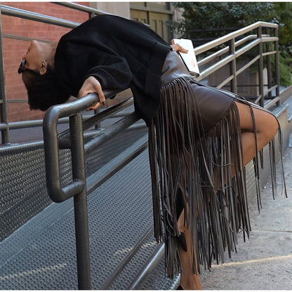 Tassel Leather Midi Skirt Women Solid High Street High-waist A-line Bodycon Long Skirts Spring Summer 2026 Chic All-match Outfit