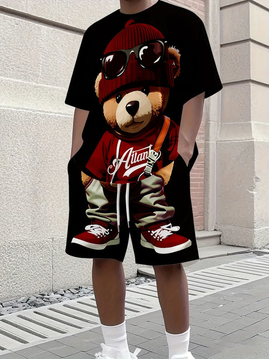 The 2025 summer new men's suit features a retro Teddy bear printed round-neck T-shirt and shorts, knitted polyester men's wear