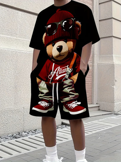 The 2025 summer new men's suit features a retro Teddy bear printed round-neck T-shirt and shorts, knitted polyester men's wear