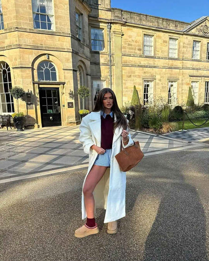 Elegant White Lapel Woolen Long Coat Women Fashion Full Sleeve Single-breasted Warm Loose Coats Lady Winter Commute Street Wear